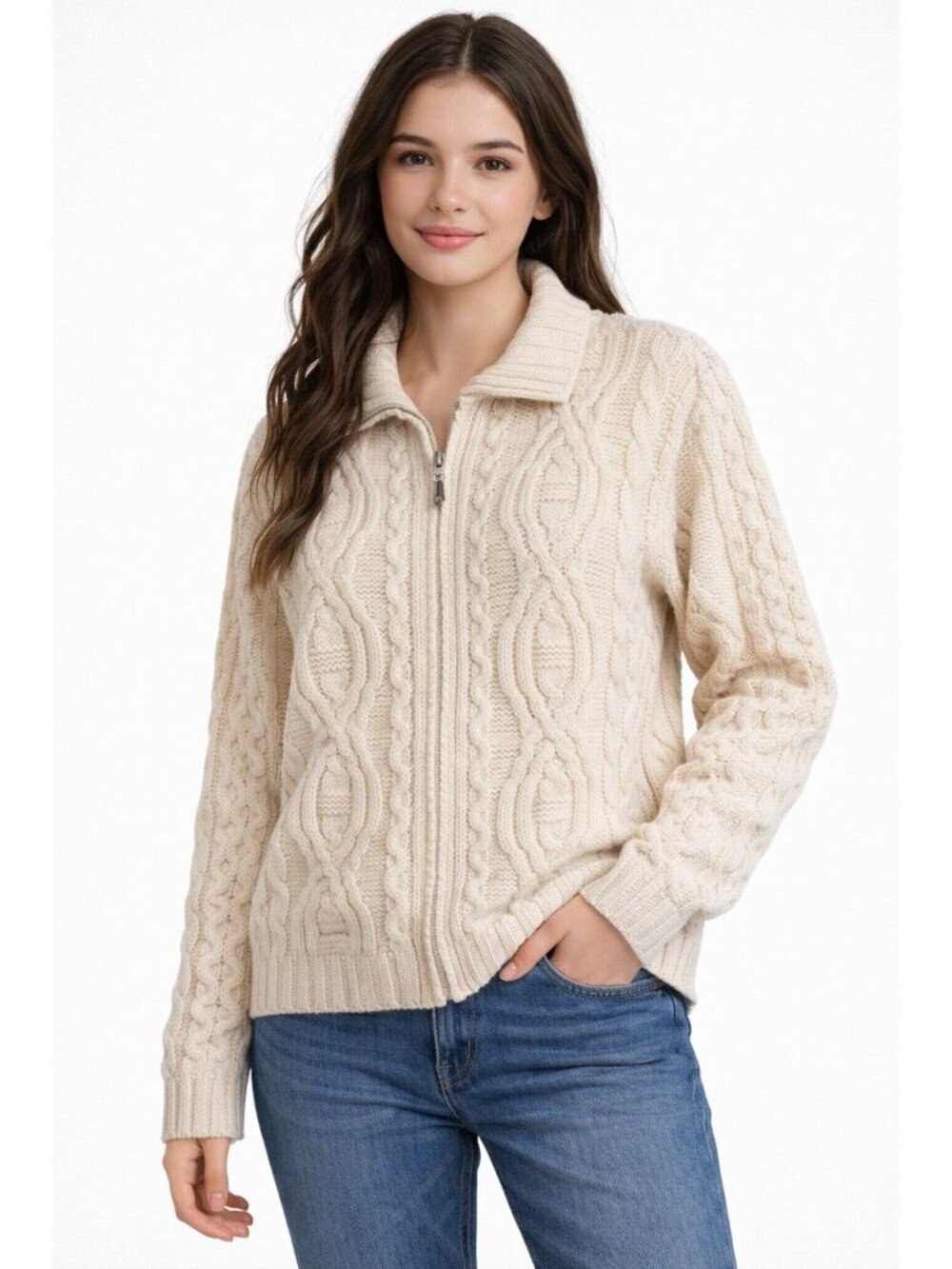 Aran Crafts Women Merino Wool Sweater Ireland Cable Knit Fisherman Sz L Full Zip